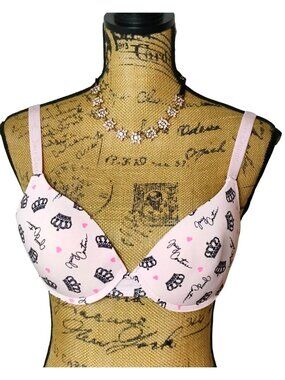 Juicy Couture 36B Push Up Bra Sexy Pink Crown Cursive Print Logo Underwire Prep